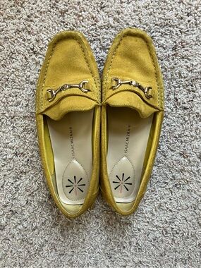 Isaac Mizrahi Mustard Yellow Suede Loafers with Gold Bit